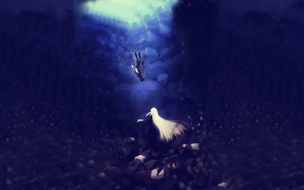 HD anime desktop wallpaper featuring Subaru Natsuki and Satella from Re:Zero - Starting Life in Another World, set against a deep, ethereal blue background.
