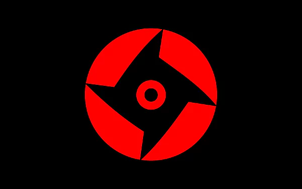 Minimalist red Mangekyō Sharingan emblem from Naruto on a black field — minimalist anime 8K Ultra HD PC desktop wallpaper/background.