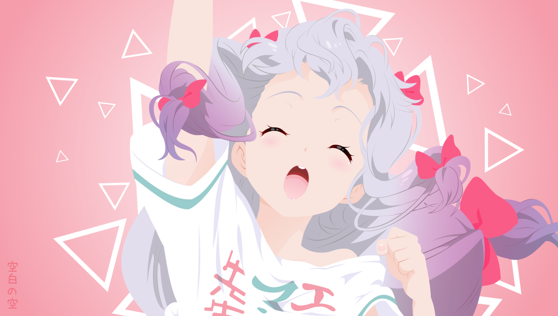 HD anime wallpaper featuring Sagiri Izumi from EroManga-Sensei with vibrant colors and playful expression against a geometric pink background.
