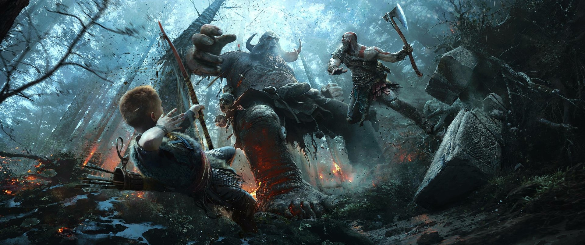 HD PC desktop wallpaper featuring an intense battle scene from the video game God of War (2018), showcasing Kratos and Atreus fighting a towering enemy.