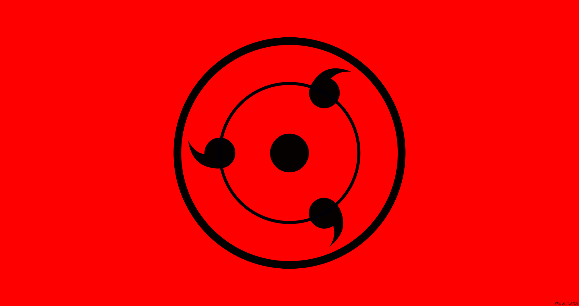 Minimalist anime 8K Ultra HD desktop wallpaper: bold red background with a centered black three‑tomoe Sharingan symbol (Naruto/Boruto), high‑contrast minimalist design.