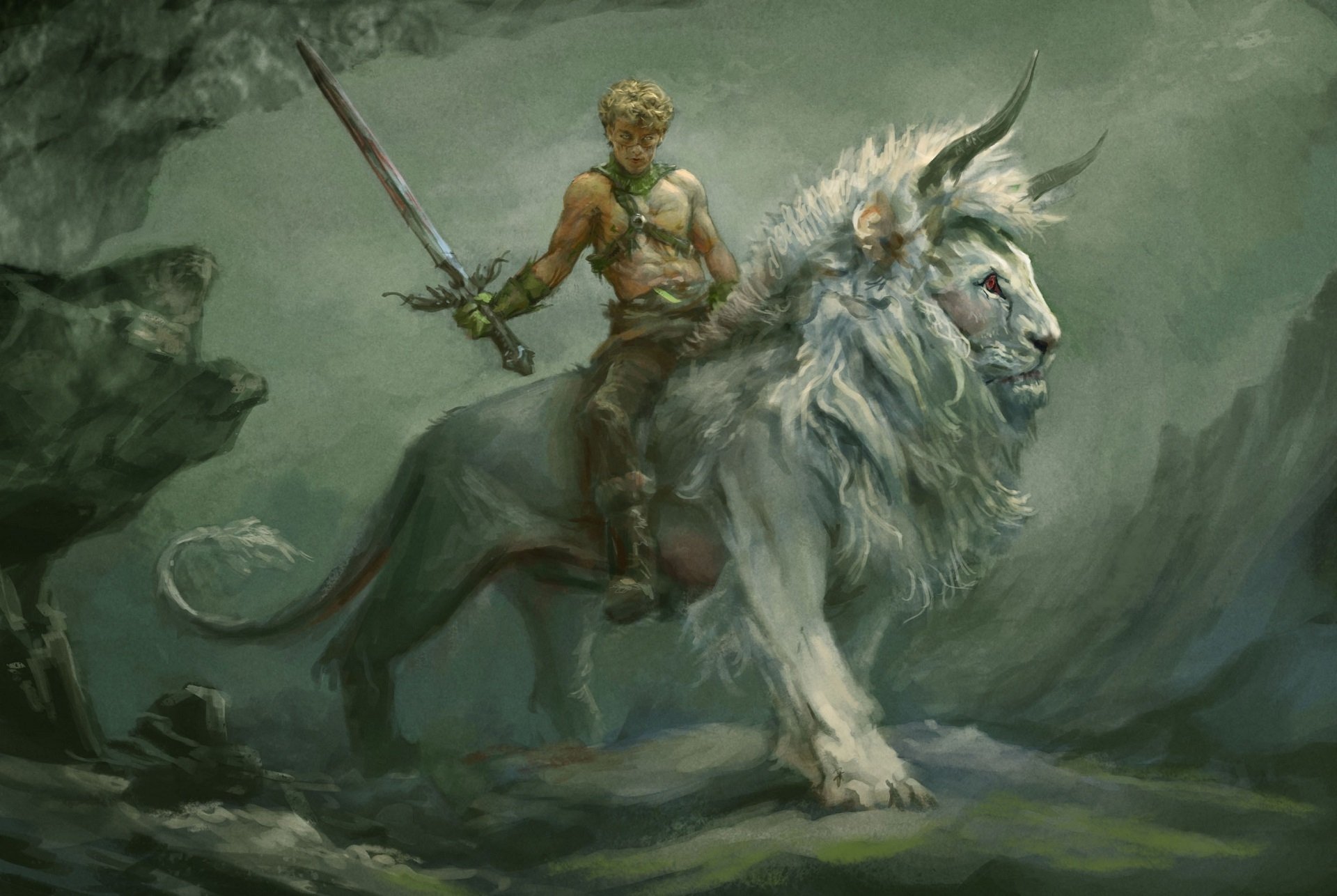 Warrior Sitting on a Horned Lion HD Wallpaper | Background Image