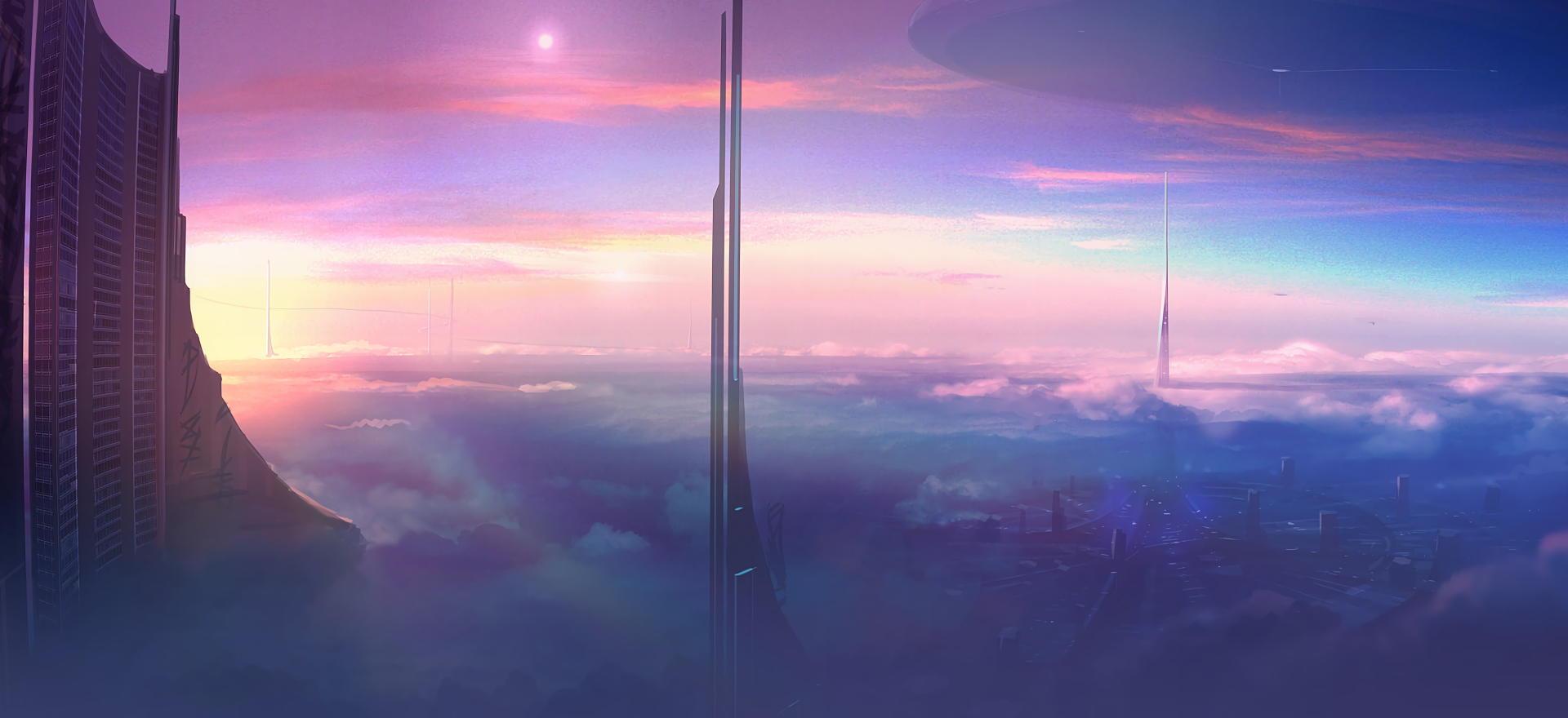 HD desktop wallpaper featuring a futuristic sci-fi city with towering skyscrapers emerging above the clouds under a colorful, ethereal sky.