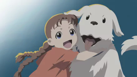 Nina Tucker hugging her dog Alexander from Fullmetal Alchemist, smiling against a soft blue backdrop — 2K Quad HD anime PC desktop wallpaper.