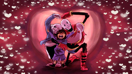 HD PC desktop wallpaper featuring Frisk, Papyrus, and Sans from the video game Undertale, surrounded by a heart-filled background in a warm, affectionate scene.
