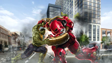 HD desktop wallpaper of Hulk battling Iron Man's Hulkbuster suit in an urban setting, inspired by Avengers: Age of Ultron movie.