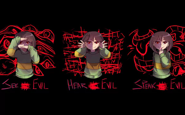 Chara from Undertale depicted in a 4K Ultra HD PC desktop wallpaper with the phrases See Evil, Hear Evil, and Speak Evil alongside red, sinister designs.