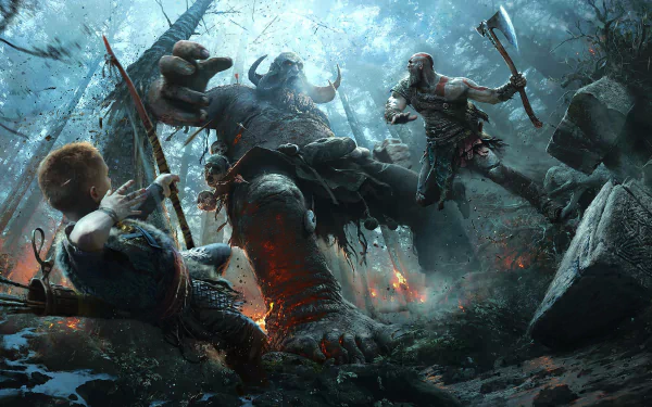 HD PC desktop wallpaper featuring an intense battle scene from the video game God of War (2018), showcasing Kratos and Atreus fighting a towering enemy.