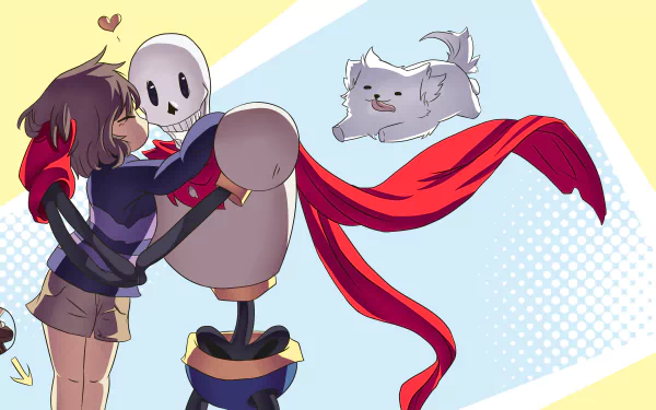 4K Ultra HD PC wallpaper featuring Frisk and Papyrus from the video game Undertale with a flying dog and heart symbol in a bright, colorful background.