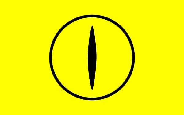 Minimalist Orochimaru eye symbol from Naruto: bold black slit pupil in a circle on bright yellow, minimalist anime 8K Ultra HD PC desktop wallpaper and background.