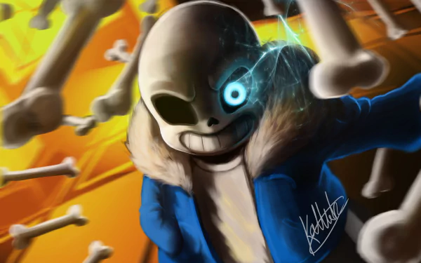 2K Quad HD PC desktop wallpaper of Sans (Undertale): grinning skeleton in a blue jacket with a glowing eye, bones swirling against a fiery orange backdrop.