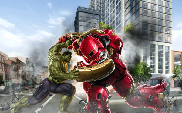 HD desktop wallpaper of Hulk battling Iron Man's Hulkbuster suit in an urban setting, inspired by Avengers: Age of Ultron movie.