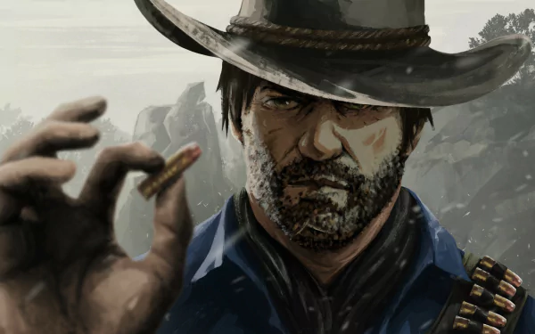 HD PC desktop wallpaper featuring Arthur Morgan from the video game Red Dead Redemption 2, holding a lit cigar with rugged mountains in the background.