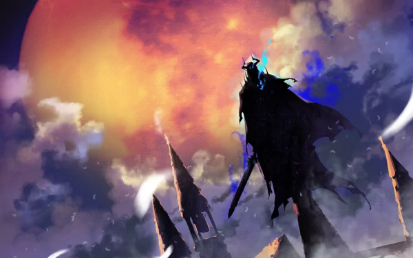 HD anime desktop wallpaper featuring King Hassan from Fate/Grand Order silhouetted against a dramatic, colorful sky with clouds and towering structures.