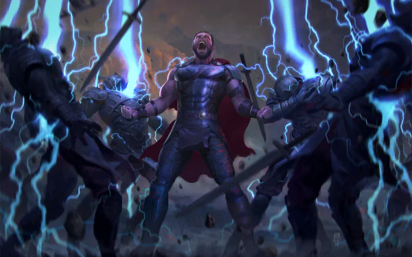 HD PC desktop wallpaper featuring Thor from the movie Thor: Ragnarok, depicted with lightning and powerful energy in an intense battle scene.