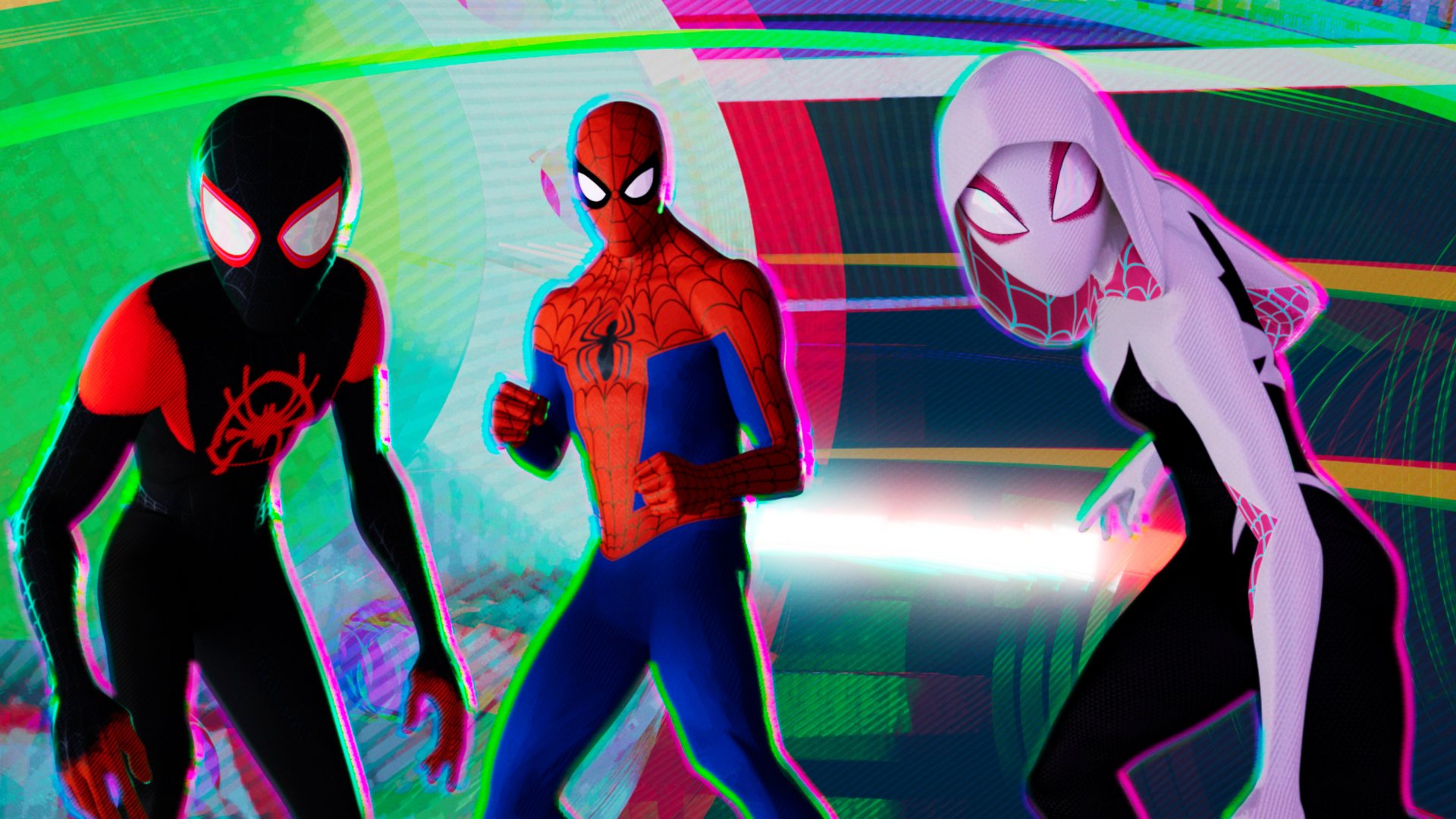 HD desktop wallpaper featuring Spider-Gwen, Miles Morales, and Spider-Man from the movie Spider-Man: Into The Spider-Verse in dynamic action poses.