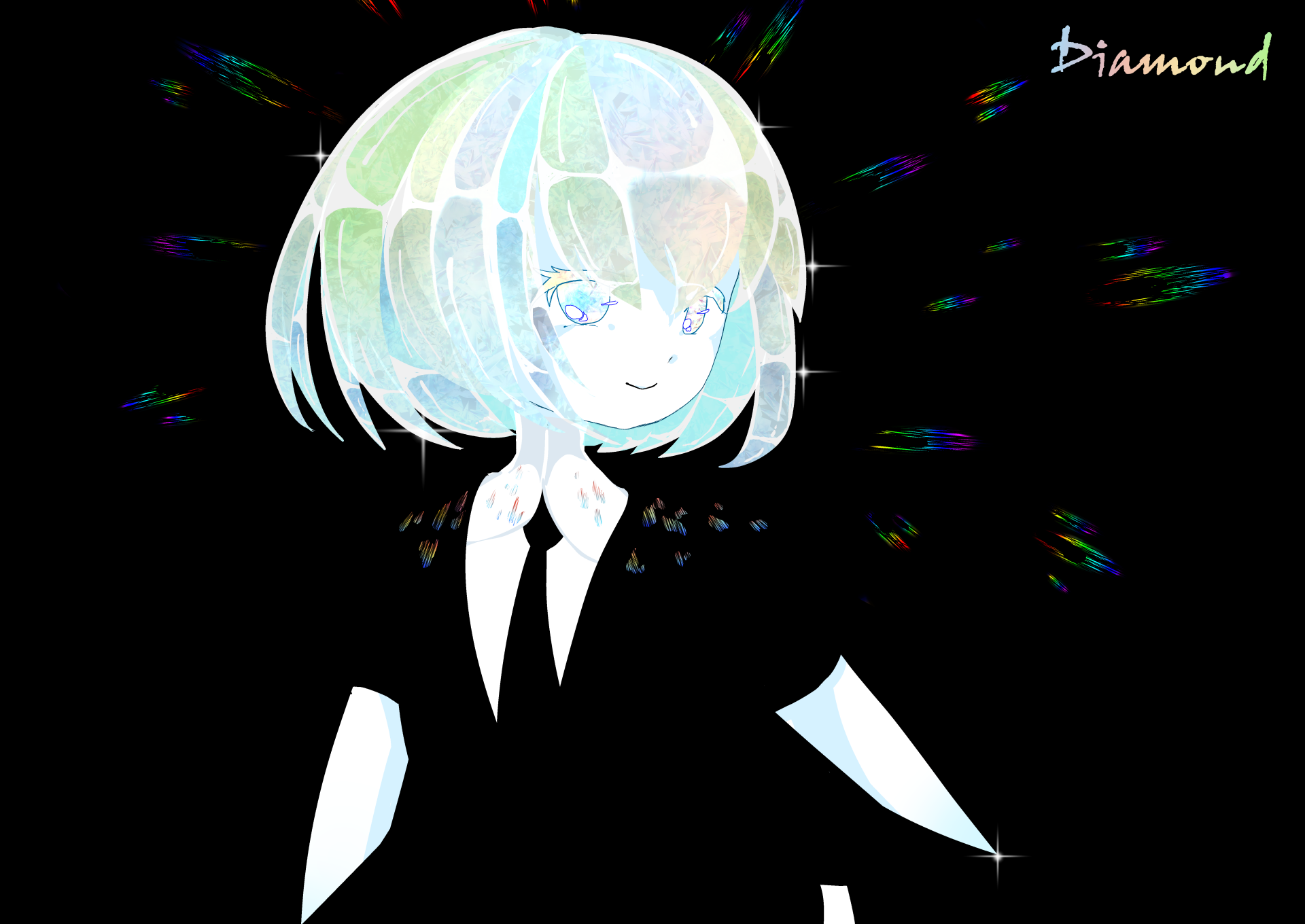 Diamond (Land of the Lustrous): iridescent-haired anime character in a black suit and tie on a dark background with prism light flecks — 5K Ultra HD PC desktop wallpaper and background.