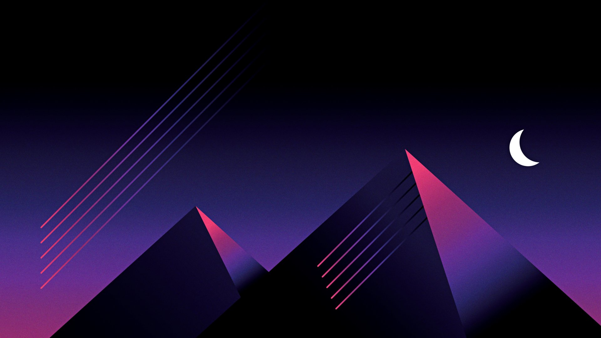 Artistic HD PC desktop wallpaper featuring stylized pyramids with glowing pink accents against a dark purple night sky and crescent moon.