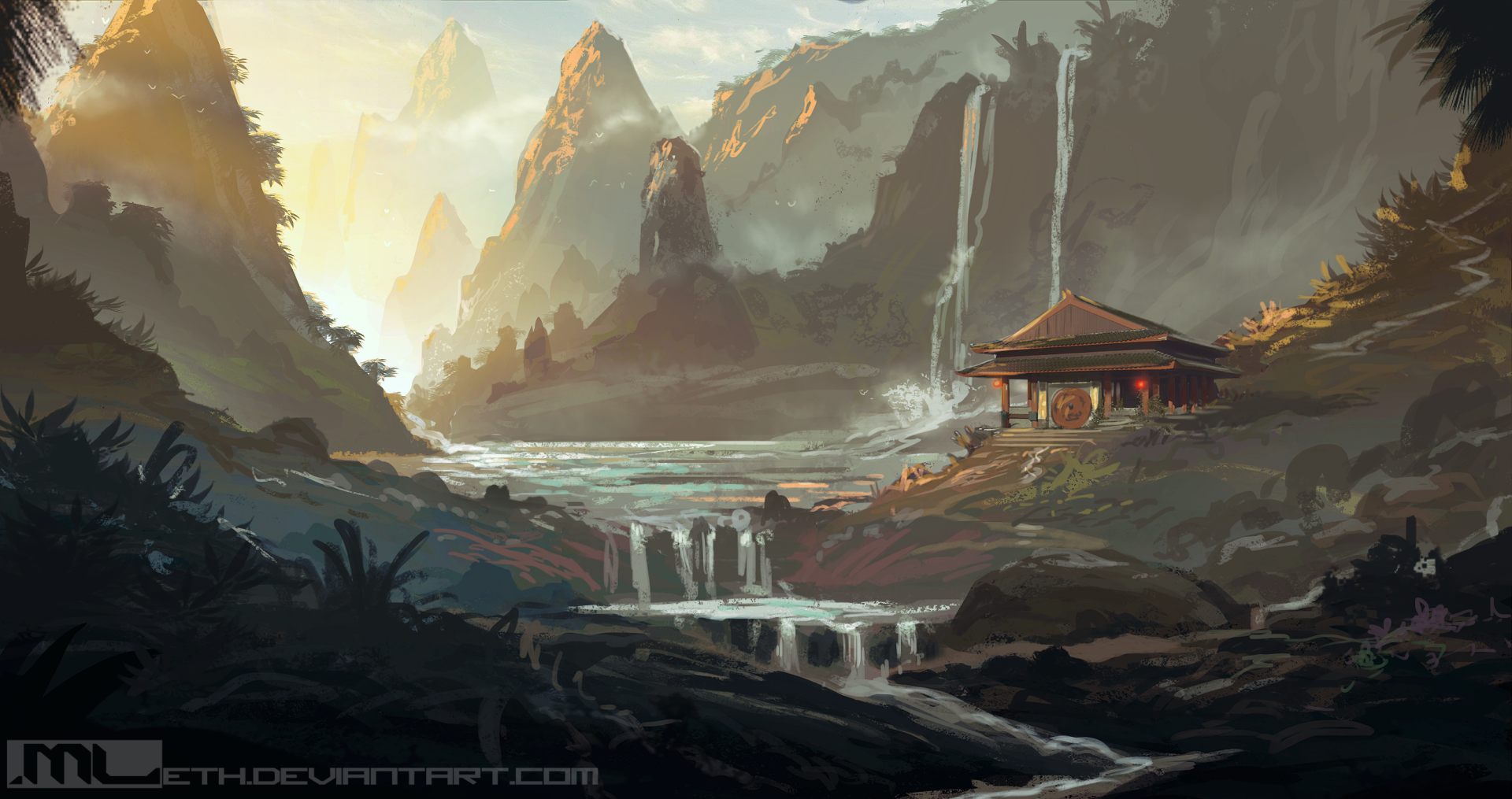 A serene fantasy landscape featuring a traditional shrine beside waterfalls and rugged mountains, captured in high-definition for a PC desktop wallpaper background.