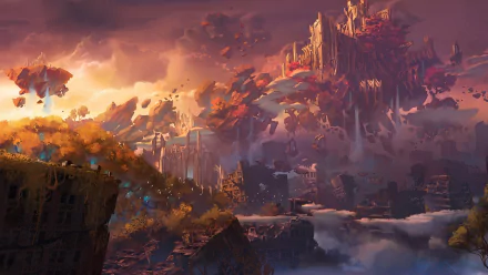 HD PC desktop wallpaper featuring a dramatic, fantasy landscape from the video game Darksiders III, with a fiery sky and castle-like structures shrouded in mist.