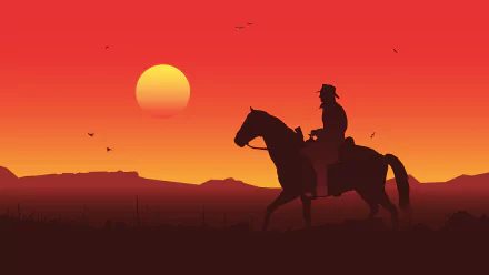 HD wallpaper of Red Dead Redemption 2 showing a silhouetted cowboy on horseback against a vivid red sunset backdrop, capturing the game's immersive western atmosphere.