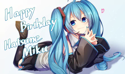 HD PC desktop wallpaper of Hatsune Miku (Vocaloid) anime character with teal twin-tails and headphones, reclining and smiling under the text Happy Birthday Hatsune Miku.