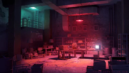 Artistic HD PC desktop wallpaper depicting a dimly lit, futuristic room with scattered chairs, shelves, and a glowing screen under moody red and teal lighting.