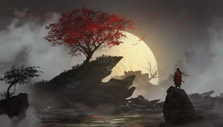 HD desktop wallpaper featuring a samurai fantasy warrior standing on a rocky outcrop beneath a crimson-leaved tree, with misty surroundings and a large, glowing moon in the background.