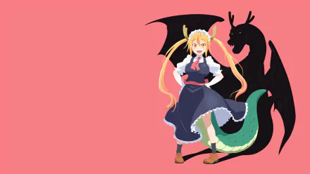 4K Ultra HD anime wallpaper featuring Tohru from Miss Kobayashi's Dragon Maid, standing confidently with her dragon silhouette against a solid pink background.