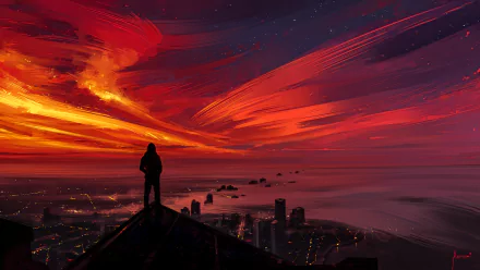 Silhouette of a person on a rooftop against a vibrant artistic sunset with sweeping red and orange clouds over a cityscape, designed as an HD desktop wallpaper and background.