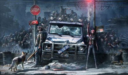 HD PC desktop wallpaper featuring a dark, apocalyptic scene with zombies crowding behind a barricaded, damaged vehicle under eerie red lighting.