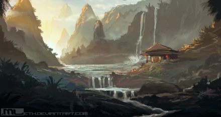 A serene fantasy landscape featuring a traditional shrine beside waterfalls and rugged mountains, captured in high-definition for a PC desktop wallpaper background.