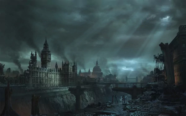 A dark and atmospheric HD wallpaper depicting a post-apocalyptic London skyline, inspired by the video game Hellgate: London, featuring iconic structures shrouded in gloom.