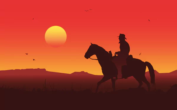 HD wallpaper of Red Dead Redemption 2 showing a silhouetted cowboy on horseback against a vivid red sunset backdrop, capturing the game's immersive western atmosphere.
