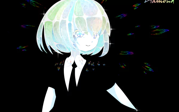 Diamond (Land of the Lustrous): iridescent-haired anime character in a black suit and tie on a dark background with prism light flecks — 5K Ultra HD PC desktop wallpaper and background.