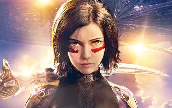 HD desktop wallpaper featuring Alita from the movie Alita: Battle Angel, showcasing her intense expression and battle-ready stance with a dramatic, glowing backdrop.