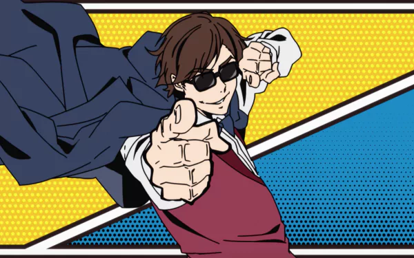 HD anime desktop wallpaper featuring Koutarou Tatsumi from Zombie Land Saga in a dynamic pose with vibrant yellow and blue comic-style background.