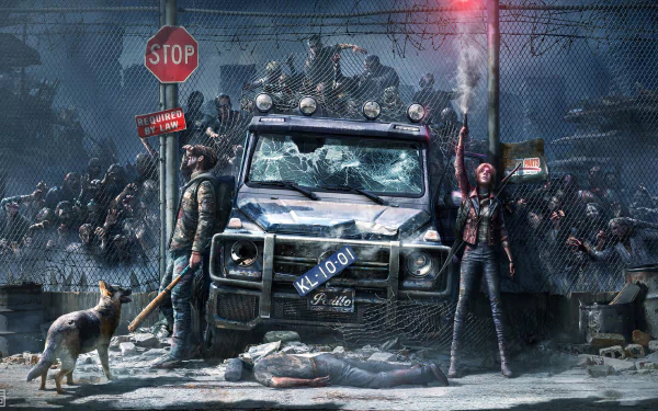 HD PC desktop wallpaper featuring a dark, apocalyptic scene with zombies crowding behind a barricaded, damaged vehicle under eerie red lighting.