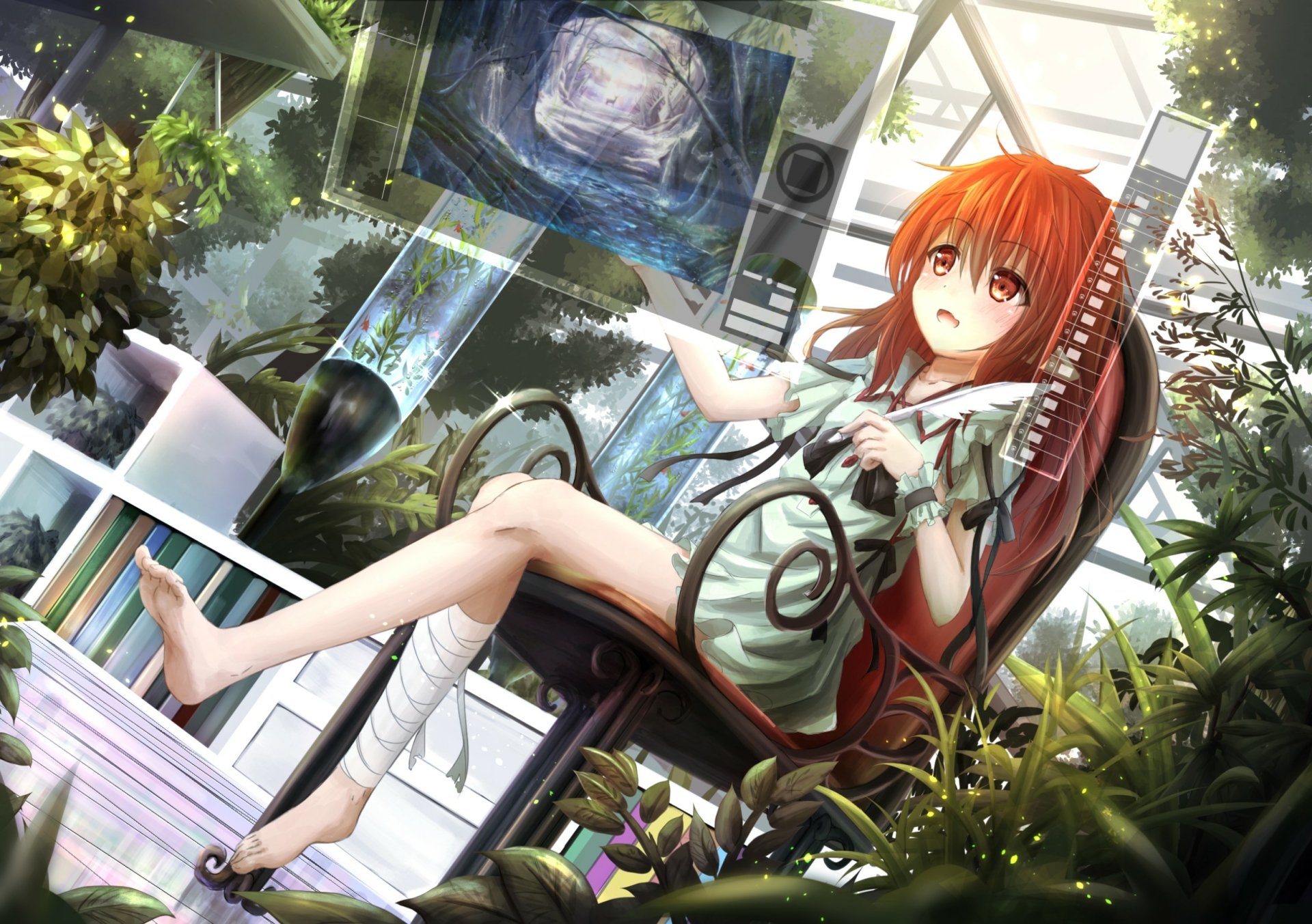 Anime-style HD desktop wallpaper featuring a red-haired character with long hair, orange eyes, and bandages, seated in a lush, sunlit indoor garden.