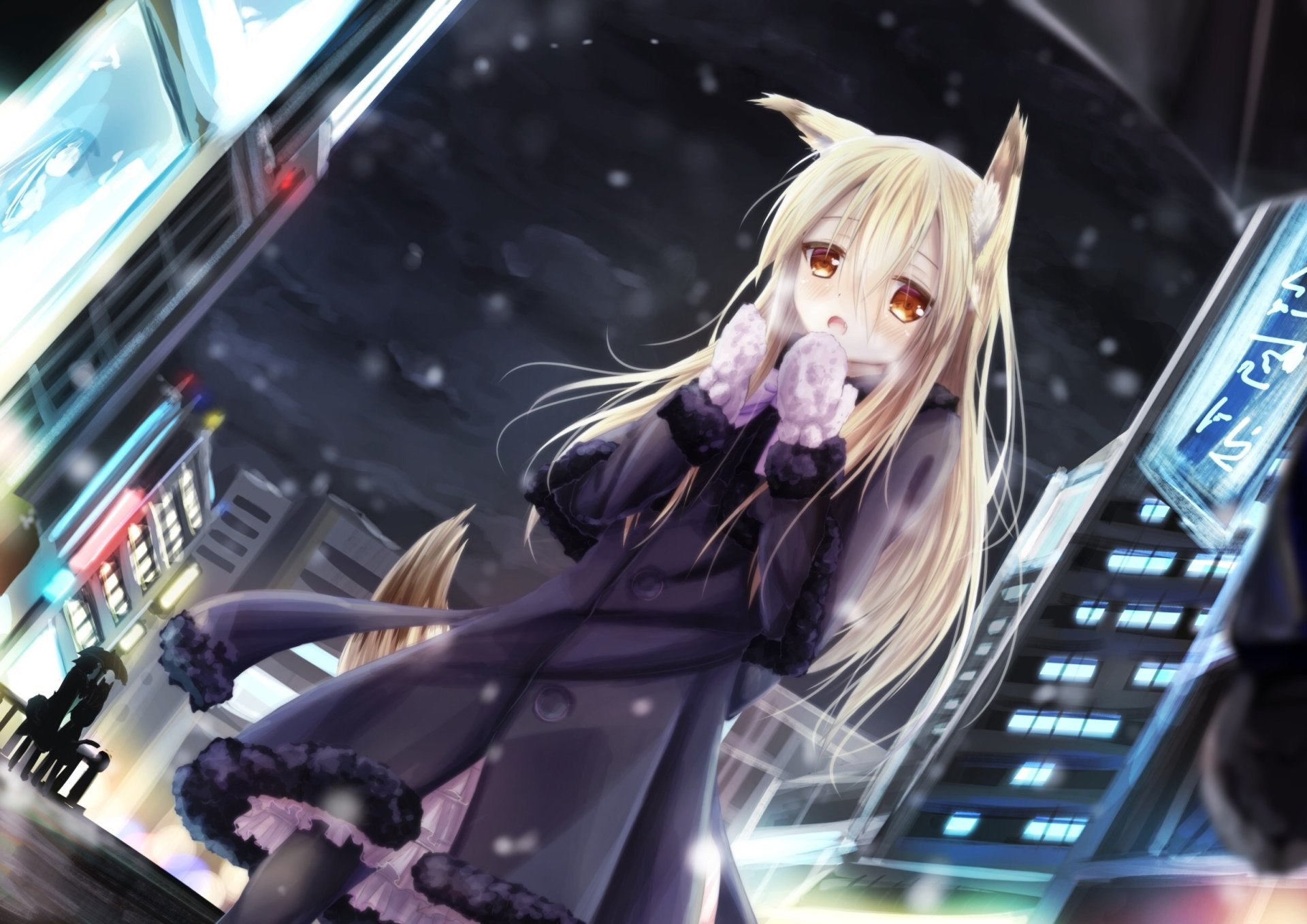 Anime-style original character with long blonde hair, orange eyes, and pointed ears, wearing gloves and a dark coat, standing in a futuristic city at night.