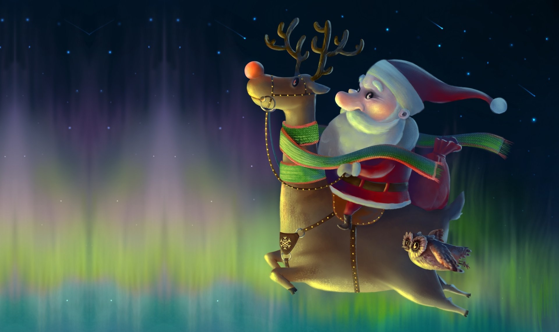 HD PC wallpaper depicting Santa in a red hat riding a reindeer with an owl, set against a vibrant aurora borealis holiday Christmas background.