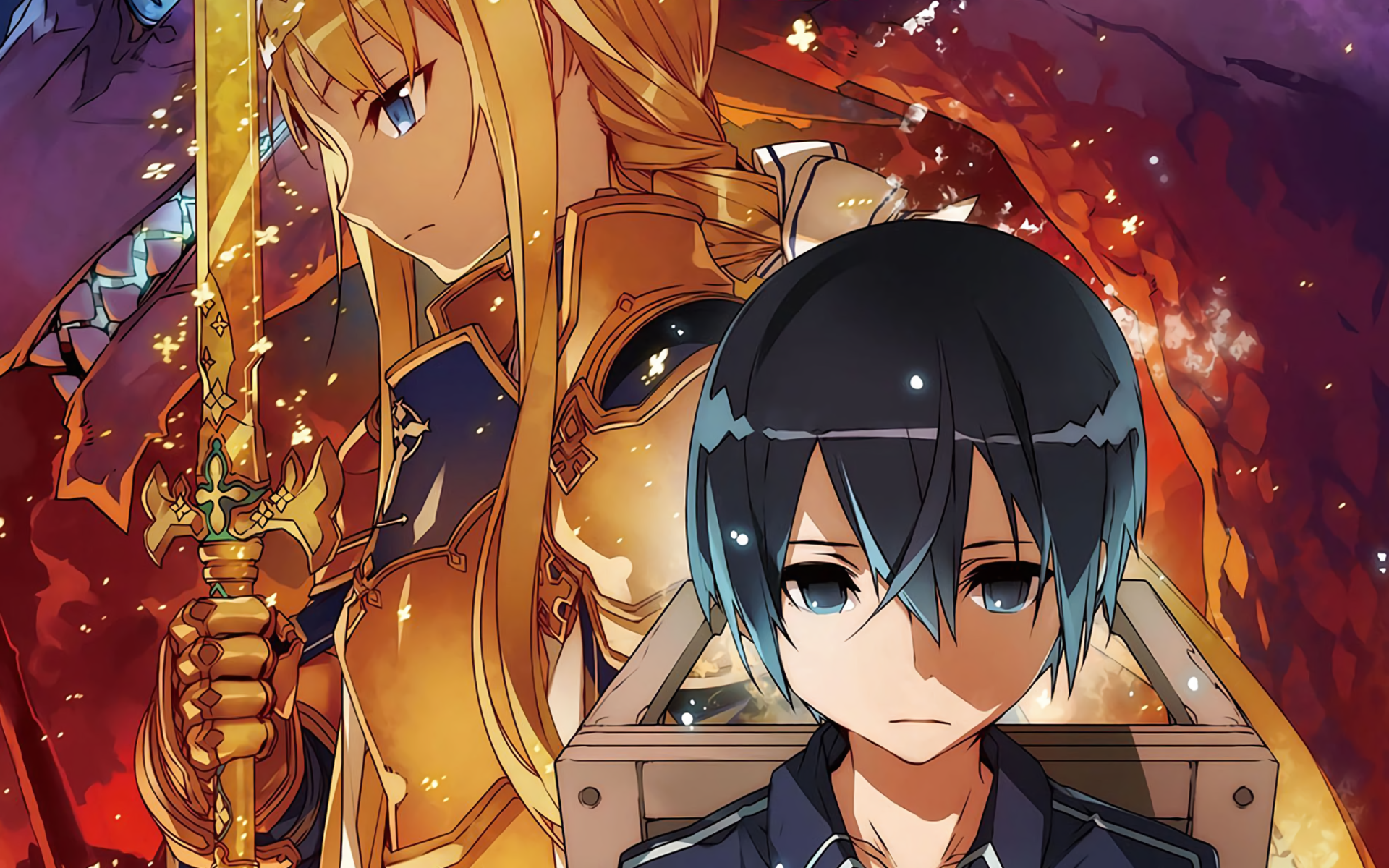 HD desktop wallpaper featuring Alice Zuberg in armor holding a sword and Kirito from Sword Art Online: Alicization. Both characters have blue eyes, with Alice having blonde hair.