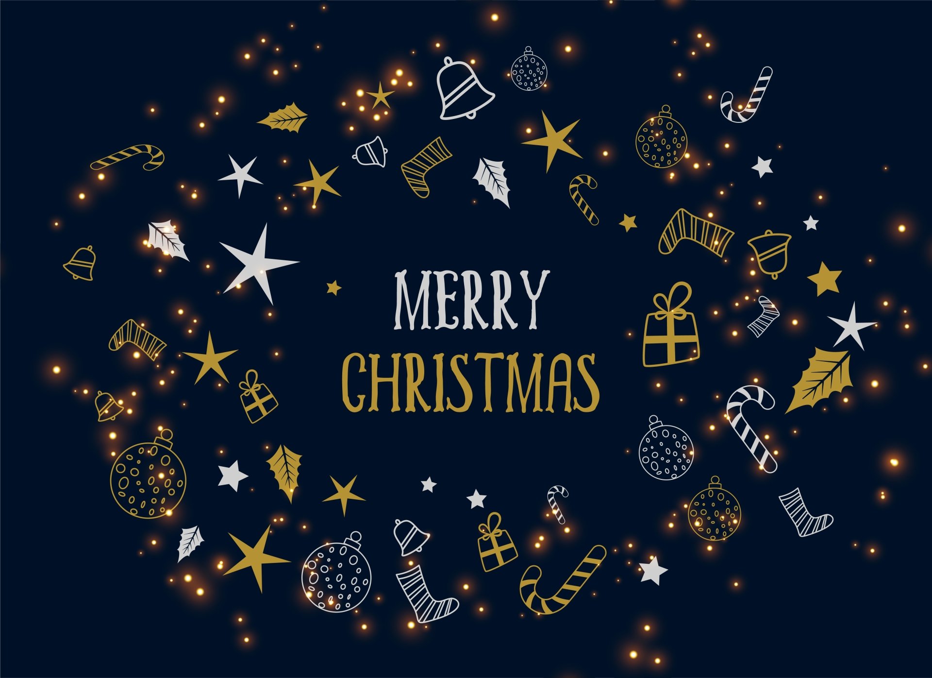 Merry Christmas message surrounded by glowing holiday icons and decorations in a festive 4K Ultra HD PC desktop wallpaper background.