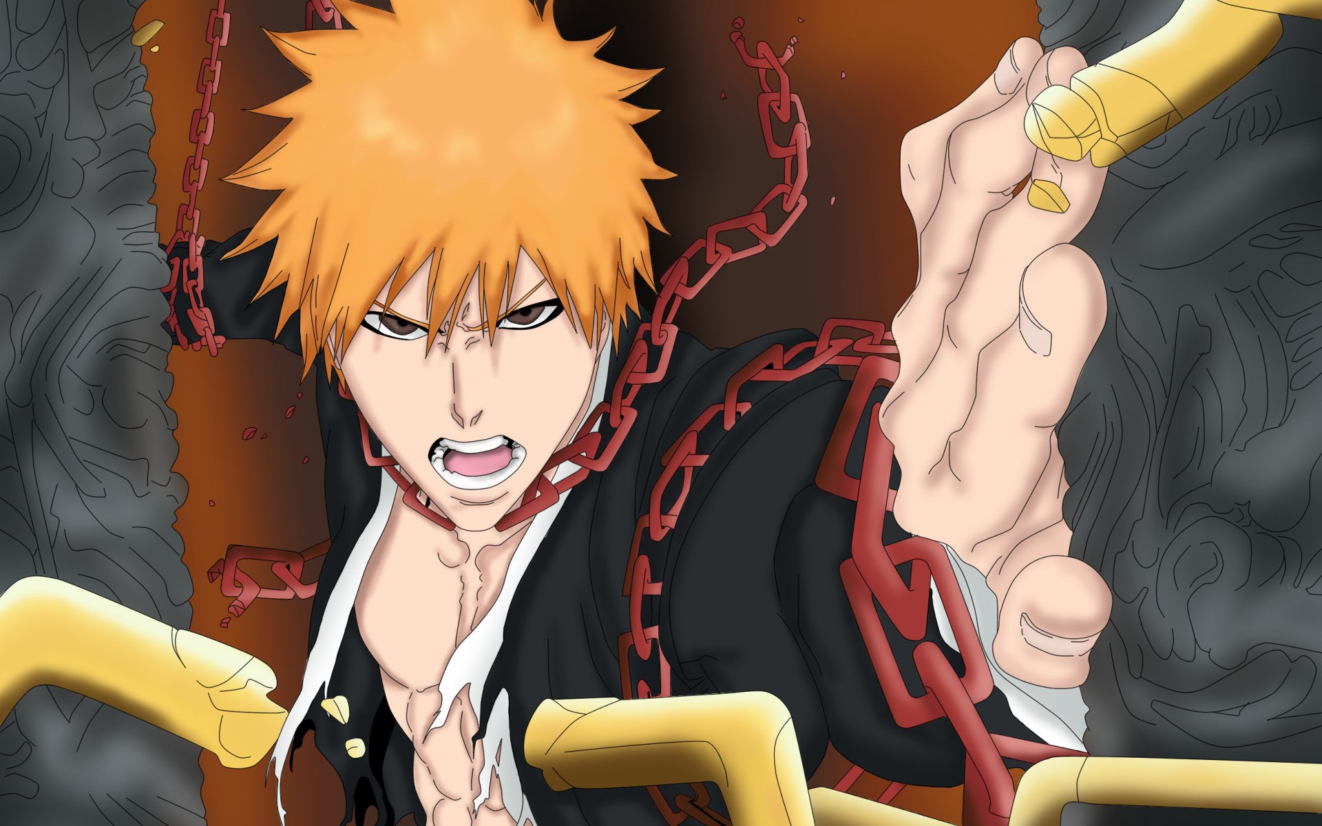 HD anime wallpaper featuring Ichigo Kurosaki from Bleach, showcasing his intense expression and dynamic pose with chains and weapon in a dark, dramatic background.