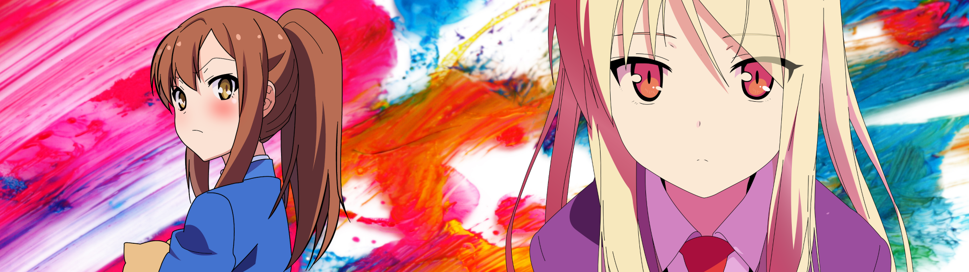 HD anime desktop wallpaper featuring Nanami Aoyama and Mashiro Shiina from Sakurasou no Pet na Kanojo with a vibrant, colorful abstract background.