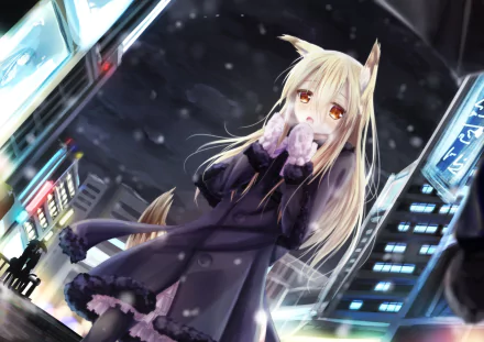 Anime-style original character with long blonde hair, orange eyes, and pointed ears, wearing gloves and a dark coat, standing in a futuristic city at night.