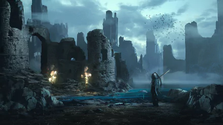 A fantasy warrior holding a sword and torch stands in dark ruins beneath a cloudy sky, surrounded by towering crumbling structures and a flock of birds in the distance.