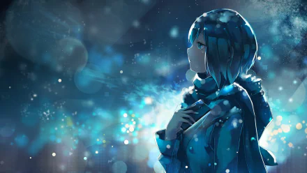 HD desktop wallpaper featuring a contemplative anime girl in a blue scarf, surrounded by a magical, glowing blue light.