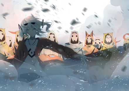 HD anime desktop wallpaper featuring Hatsune Miku from Vocaloid surrounded by mysterious masked figures in a dynamic, atmospheric scene.