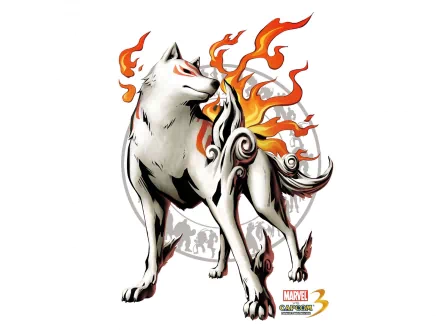 HD PC desktop wallpaper featuring Amaterasu from Ōkami in the style of Marvel vs. Capcom 3: Fate of Two Worlds, surrounded by fiery, stylized flames.
